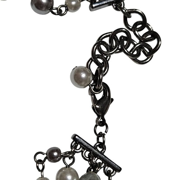 Elegant Faux Pearl Silver Beaded Multi Strand Necklace Statement Fashion Jewelry - Picture 4 of 6